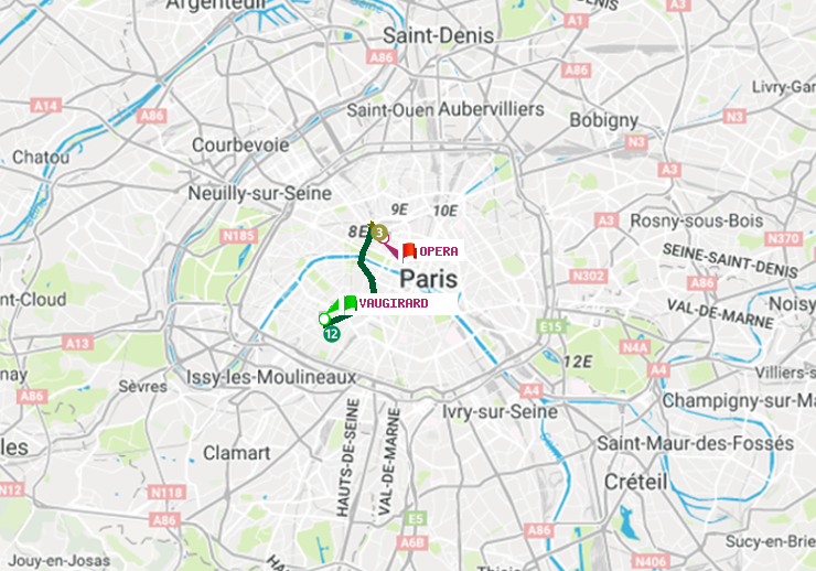 plan itinéraire ratp de Vaugirard (Adolphe Chérioux) à Opéra