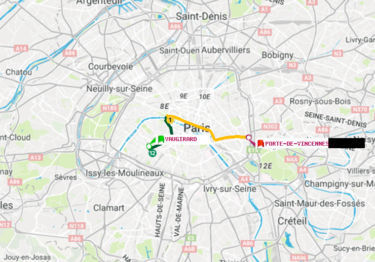 plan itinéraire ratp de Vaugirard (Adolphe Chérioux) à Porte de Vincennes