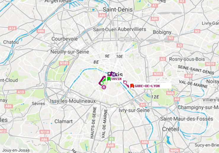 plan itinéraire ratp de Vavin à Gare de Lyon
