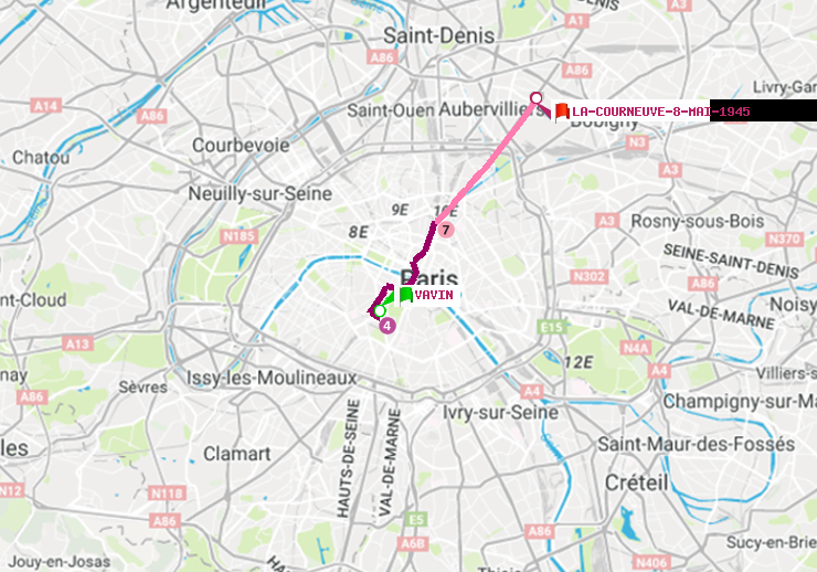 plan itinéraire ratp de Vavin à La Courneuve-8-Mai-1945
