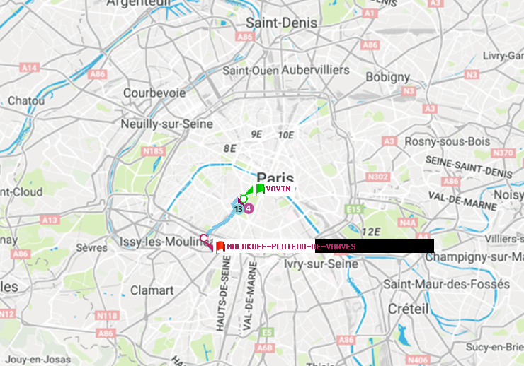 plan itinéraire ratp de Vavin à Malakoff-Plateau de Vanves