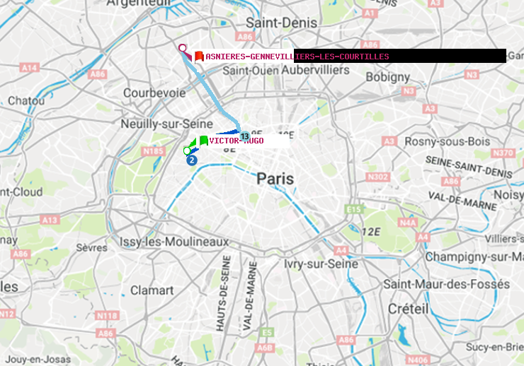 plan itinéraire ratp de Victor Hugo à Asnieres-Gennevilliers Les Courtilles