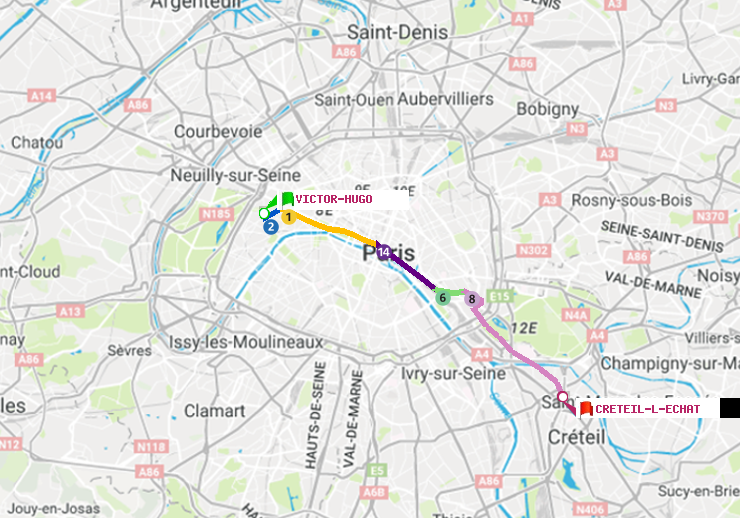 plan itinéraire ratp de Victor Hugo à Créteil-L