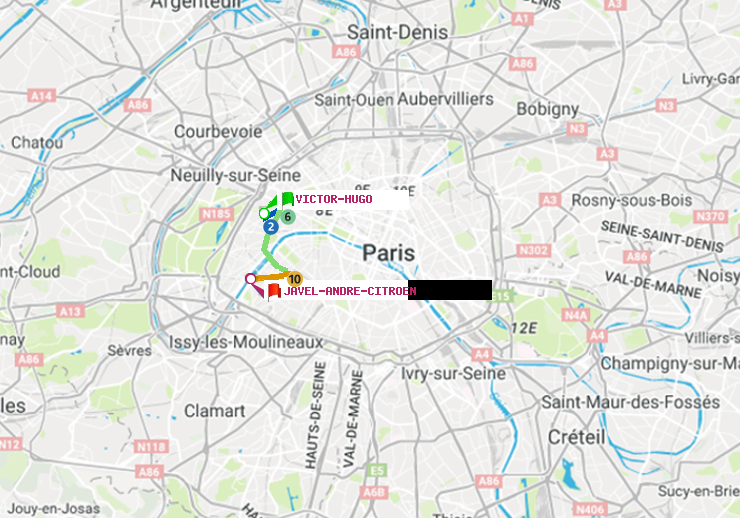 plan itinéraire ratp de Victor Hugo à Javel-André-Citroen