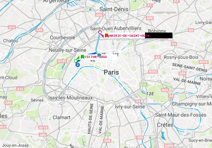 plan itinéraire ratp de Victor Hugo à Mairie de Saint-Ouen