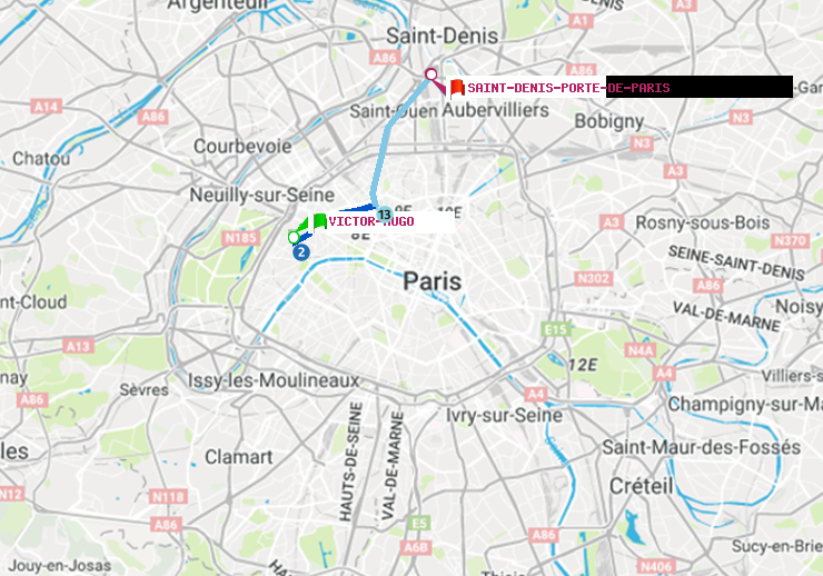 plan itinéraire ratp de Victor Hugo à Saint-Denis-Porte de Paris