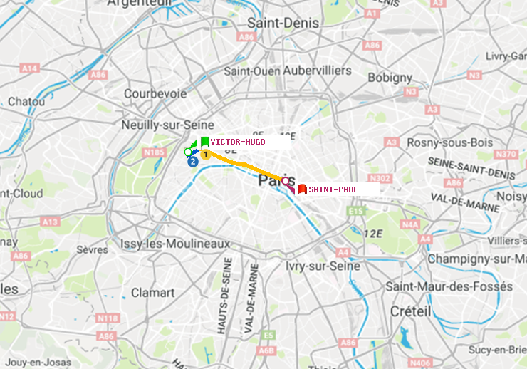 plan itinéraire ratp de Victor Hugo à Saint-Paul (Le Marais)