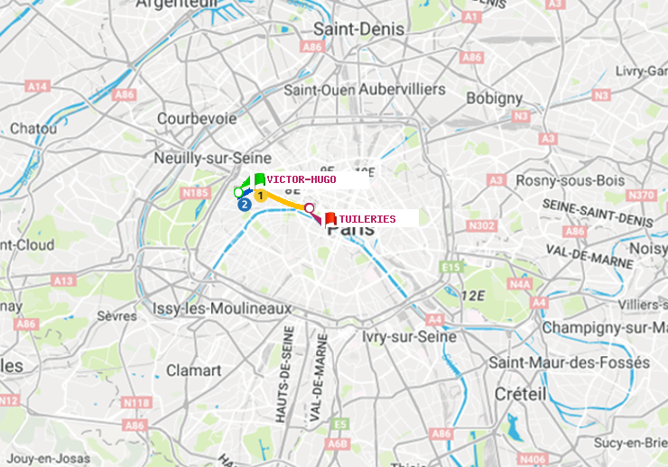 plan itinéraire ratp de Victor Hugo à Tuileries