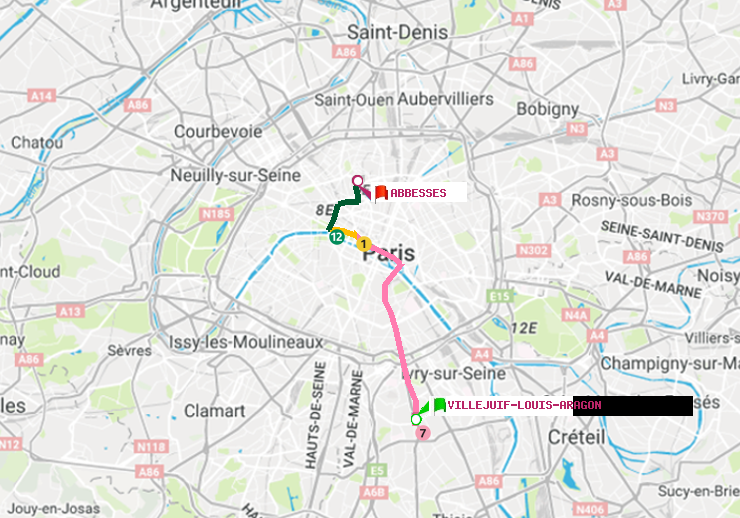 plan itinéraire ratp de Villejuif-Louis Aragon à Abbesses