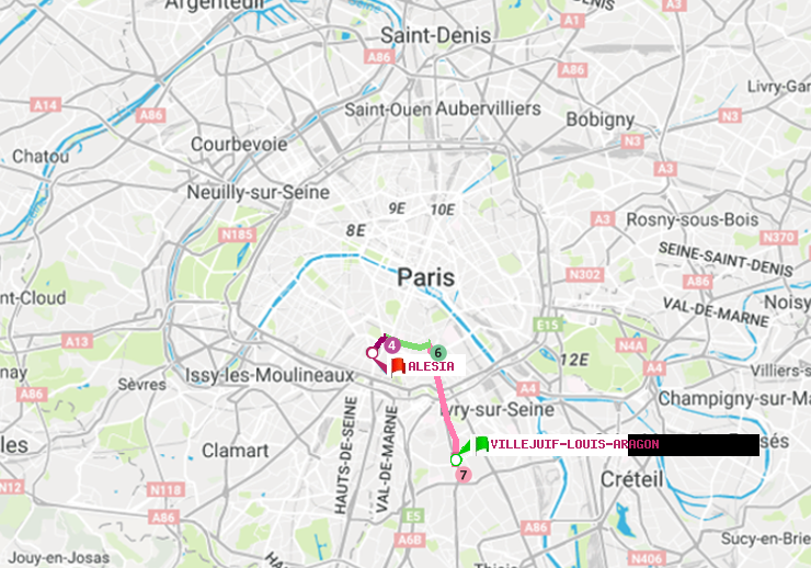 plan itinéraire ratp de Villejuif-Louis Aragon à Alésia