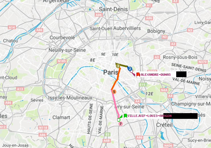 plan itinéraire ratp de Villejuif-Louis Aragon à Alexandre-Dumas