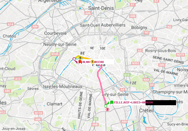 plan itinéraire ratp de Villejuif-Louis Aragon à Alma-Marceau
