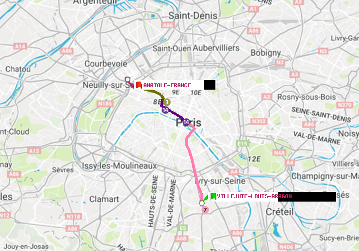 plan itinéraire ratp de Villejuif-Louis Aragon à Anatole-France