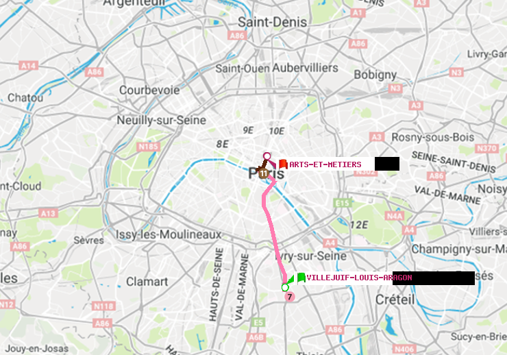 plan itinéraire ratp de Villejuif-Louis Aragon à Arts-et-Métiers