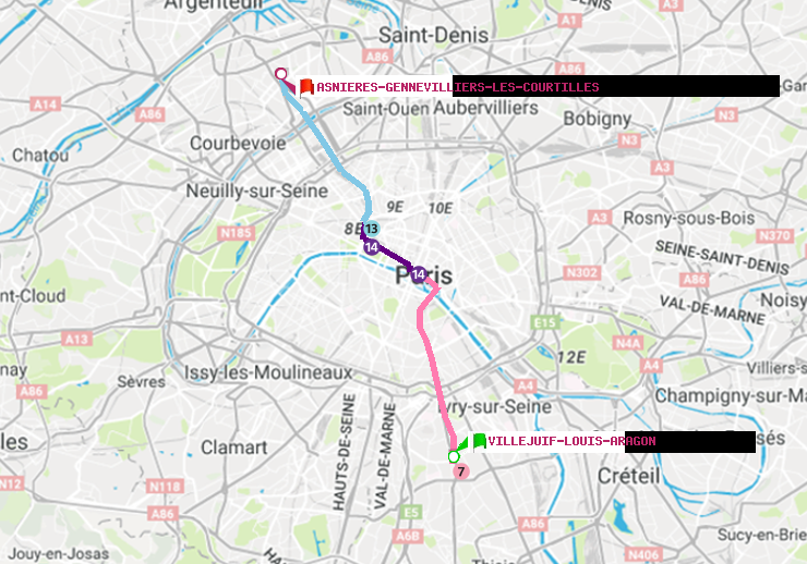 plan itinéraire ratp de Villejuif-Louis Aragon à Asnieres-Gennevilliers Les Courtilles