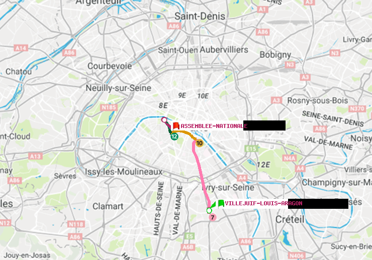 plan itinéraire ratp de Villejuif-Louis Aragon à Assemblée Nationale