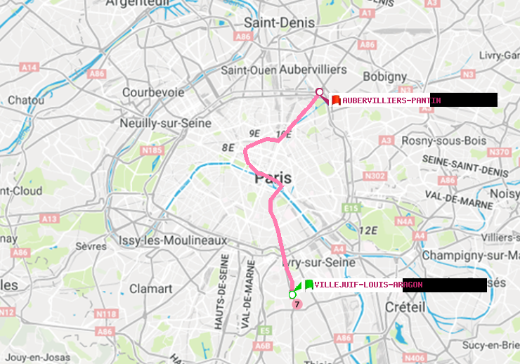 plan itinéraire ratp de Villejuif-Louis Aragon à Aubervilliers Pantin (4 Chemins)