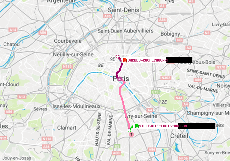 plan itinéraire ratp de Villejuif-Louis Aragon à Barbès-Rochechouart