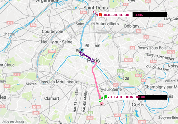 plan itinéraire ratp de Villejuif-Louis Aragon à Basilique de Saint-Denis