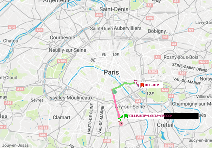 plan itinéraire ratp de Villejuif-Louis Aragon à Bel-Air