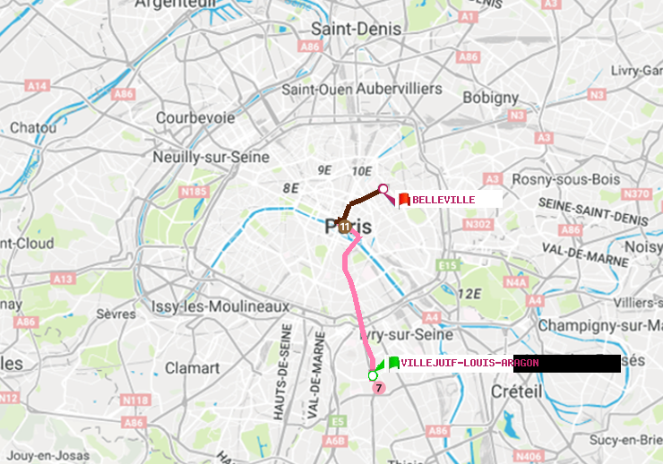 plan itinéraire ratp de Villejuif-Louis Aragon à Belleville