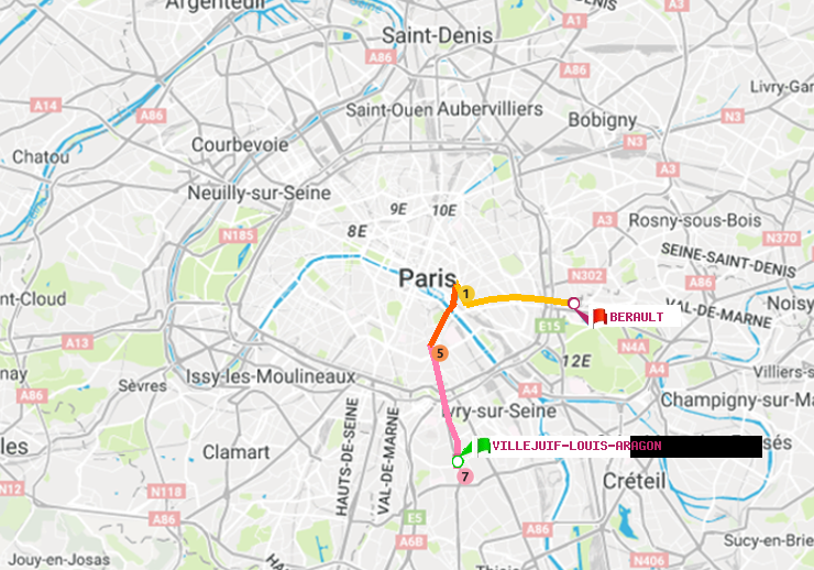 plan itinéraire ratp de Villejuif-Louis Aragon à Bérault