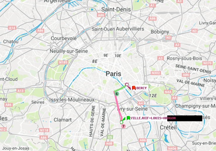 plan itinéraire ratp de Villejuif-Louis Aragon à Bercy