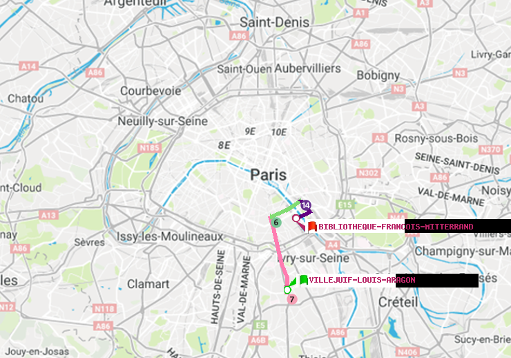 plan itinéraire ratp de Villejuif-Louis Aragon à Bibliotheque-Francois Mitterrand