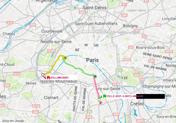 plan itinéraire ratp de Villejuif-Louis Aragon à Billancourt