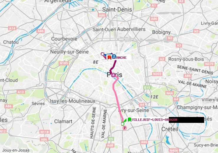 plan itinéraire ratp de Villejuif-Louis Aragon à Blanche