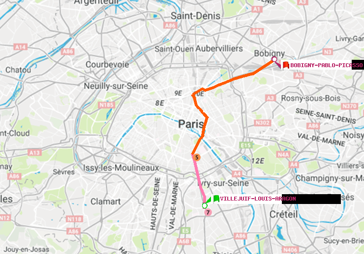 plan itinéraire ratp de Villejuif-Louis Aragon à Bobigny-Pablo-Picasso