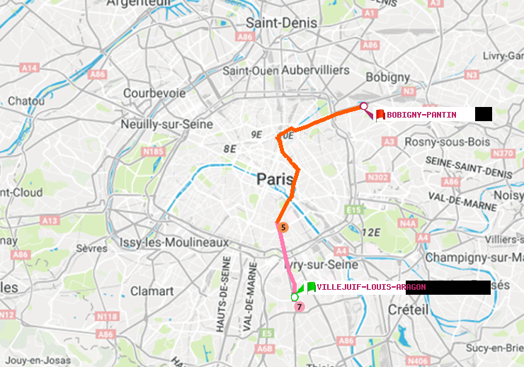 plan itinéraire ratp de Villejuif-Louis Aragon à Bobigny-Pantin (Raymond Queneau)