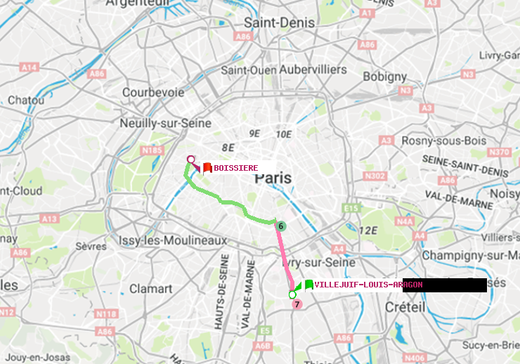 plan itinéraire ratp de Villejuif-Louis Aragon à Boissière