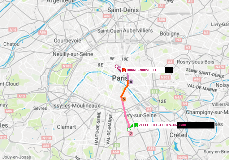 plan itinéraire ratp de Villejuif-Louis Aragon à Bonne Nouvelle
