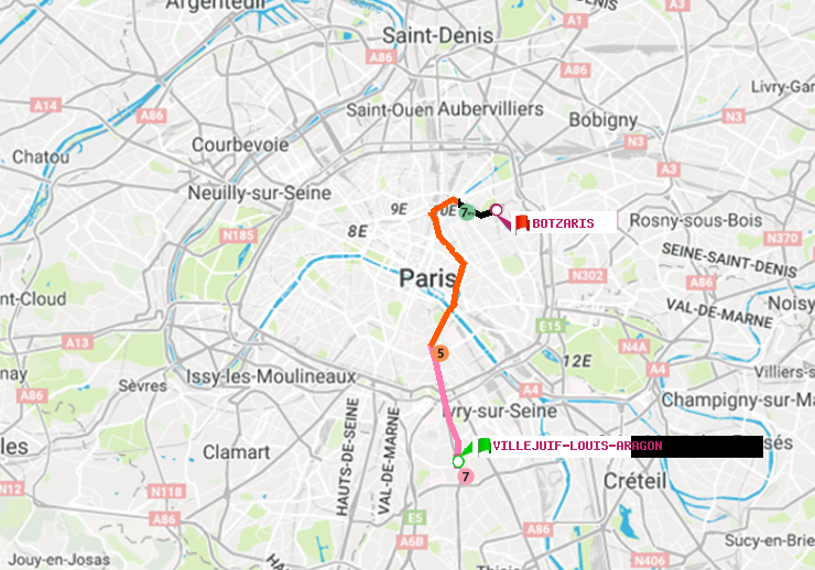 plan itinéraire ratp de Villejuif-Louis Aragon à Botzaris