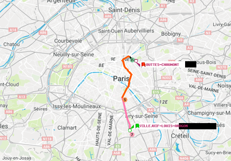 plan itinéraire ratp de Villejuif-Louis Aragon à Buttes-Chaumont