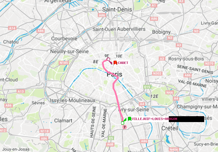 plan itinéraire ratp de Villejuif-Louis Aragon à Cadet