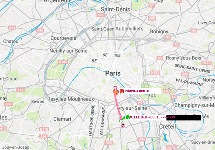 plan itinéraire ratp de Villejuif-Louis Aragon à Campo-Formio