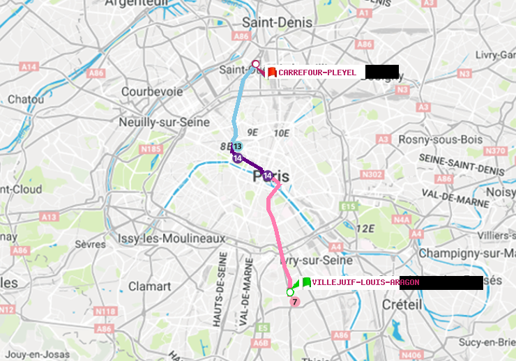 plan itinéraire ratp de Villejuif-Louis Aragon à Carrefour-Pleyel