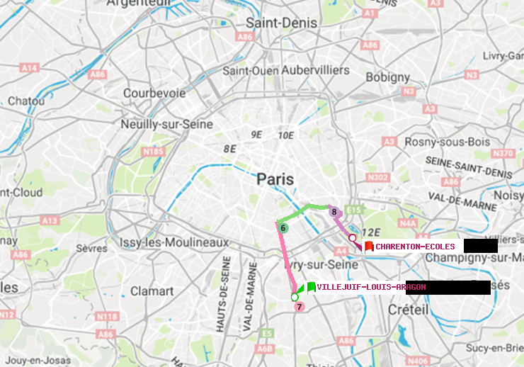 plan itinéraire ratp de Villejuif-Louis Aragon à Charenton-Ecoles