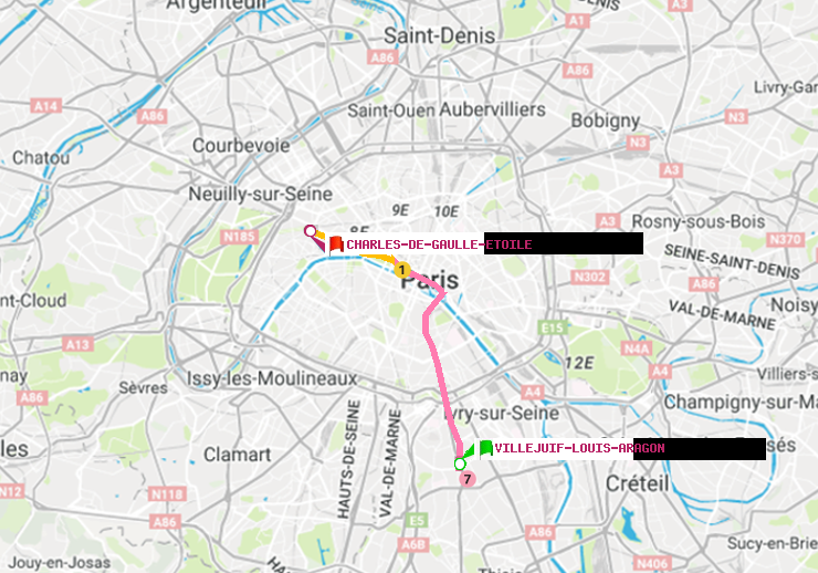 plan itinéraire ratp de Villejuif-Louis Aragon à Charles de Gaulle-Etoile
