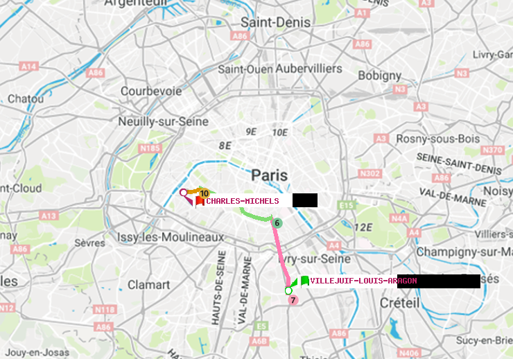 plan itinéraire ratp de Villejuif-Louis Aragon à Charles Michels