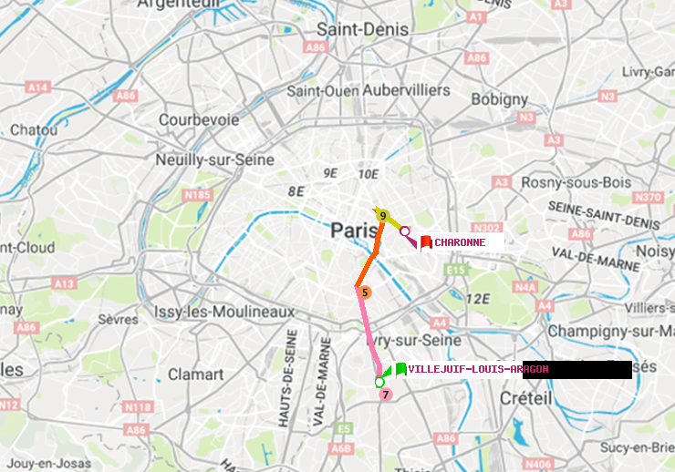 plan itinéraire ratp de Villejuif-Louis Aragon à Charonne