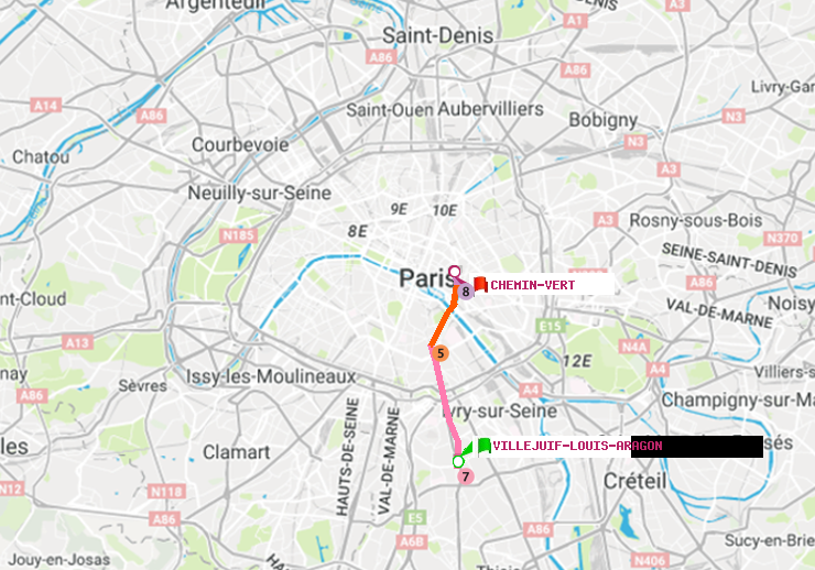 plan itinéraire ratp de Villejuif-Louis Aragon à Chemin Vert