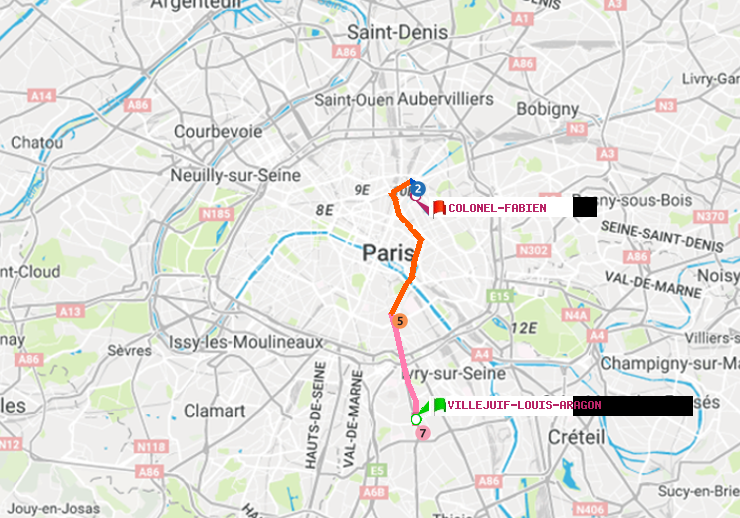 plan itinéraire ratp de Villejuif-Louis Aragon à Colonel Fabien