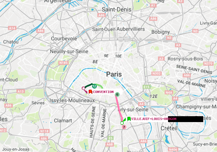 plan itinéraire ratp de Villejuif-Louis Aragon à Convention