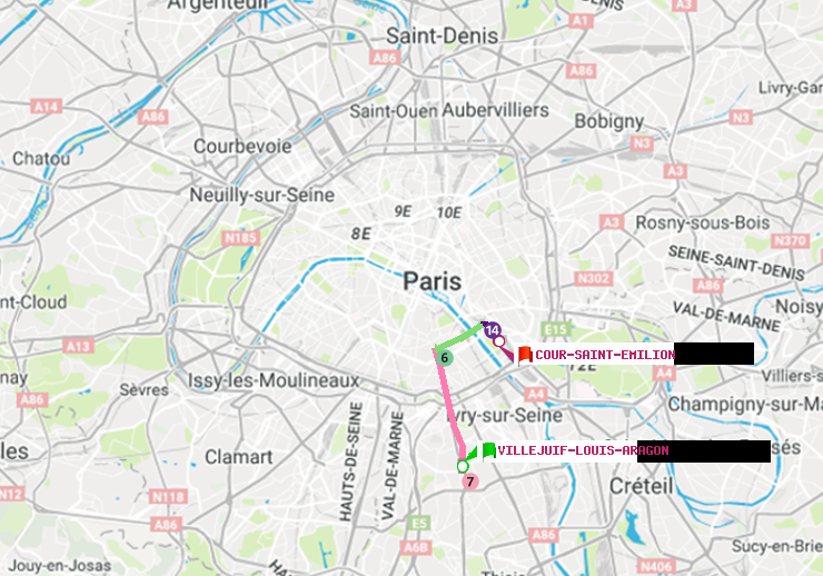 plan itinéraire ratp de Villejuif-Louis Aragon à Cour Saint-Emilion