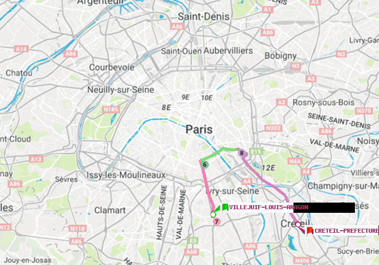 plan itinéraire ratp de Villejuif-Louis Aragon à Créteil-Préfecture (Hôtel de Ville)