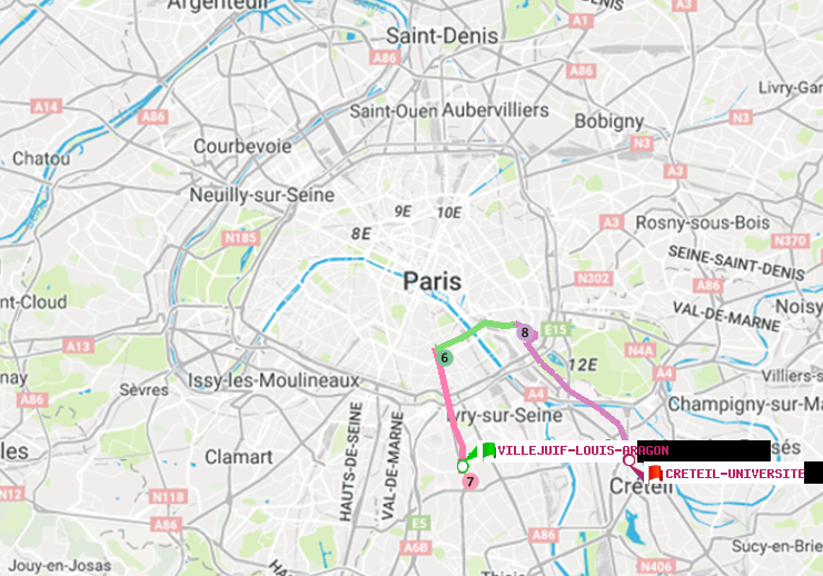 plan itinéraire ratp de Villejuif-Louis Aragon à Créteil-Université