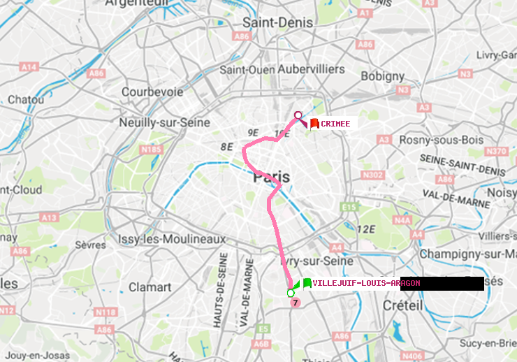 plan itinéraire ratp de Villejuif-Louis Aragon à Crimée